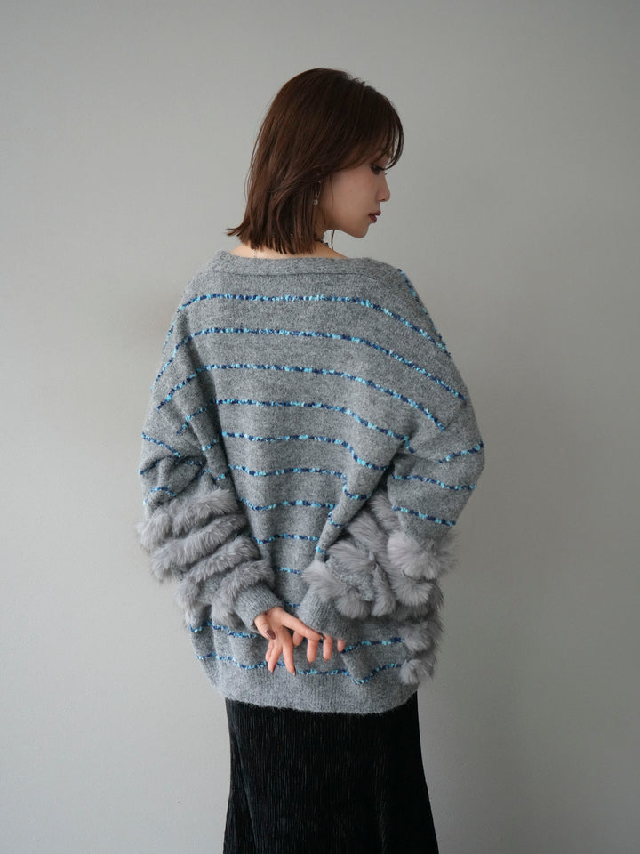 [予約]フェザーライン配色シャギーニットカーディガン/グレー