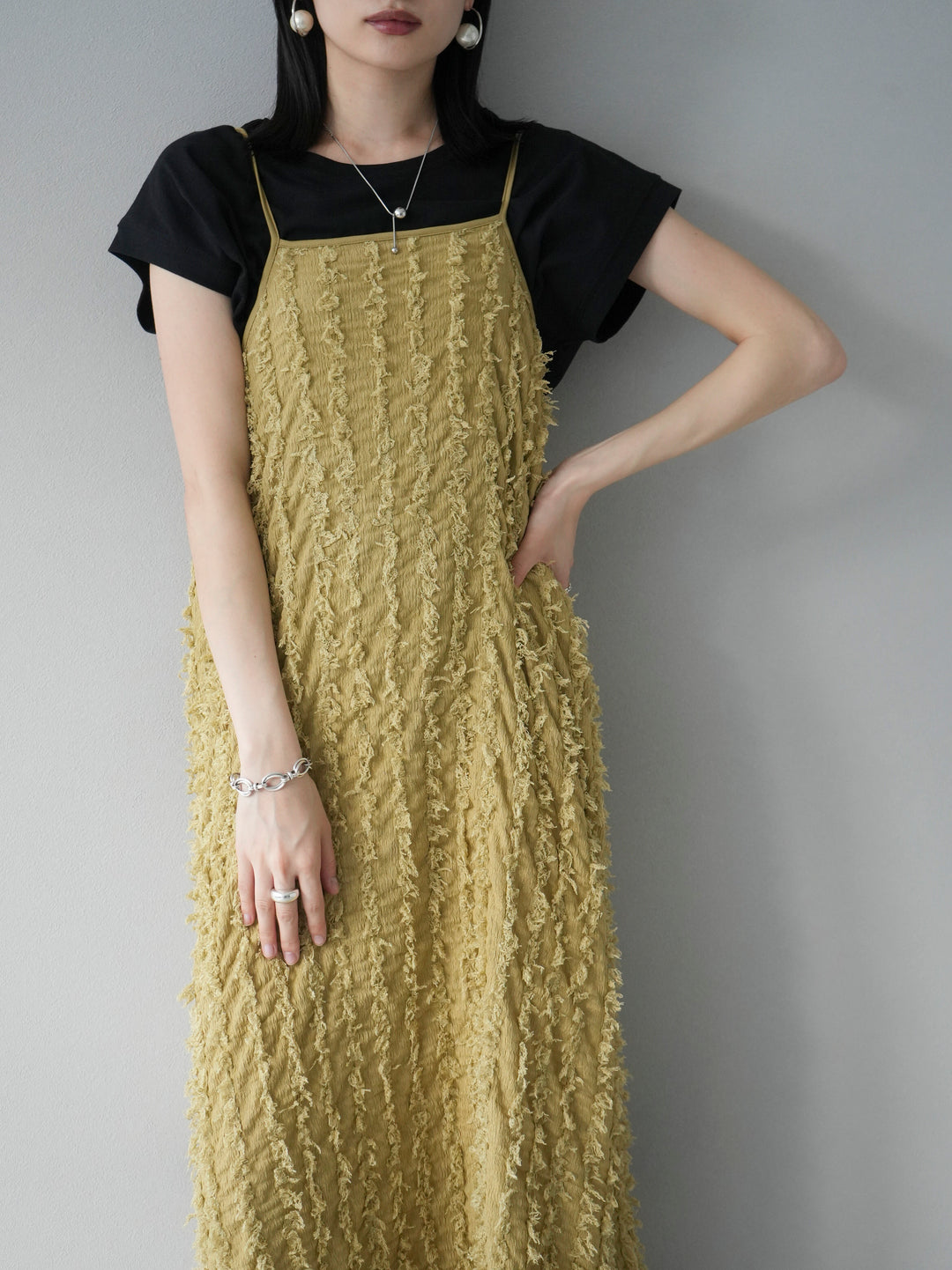 [Pre-order] Fringe Jacquard Stretch Cami Dress/Mustard