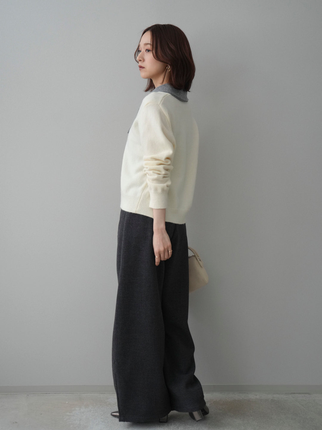 [SET]デザイン襟ニットカーディガン+ベルト付起毛コクーンパンツ(2set)