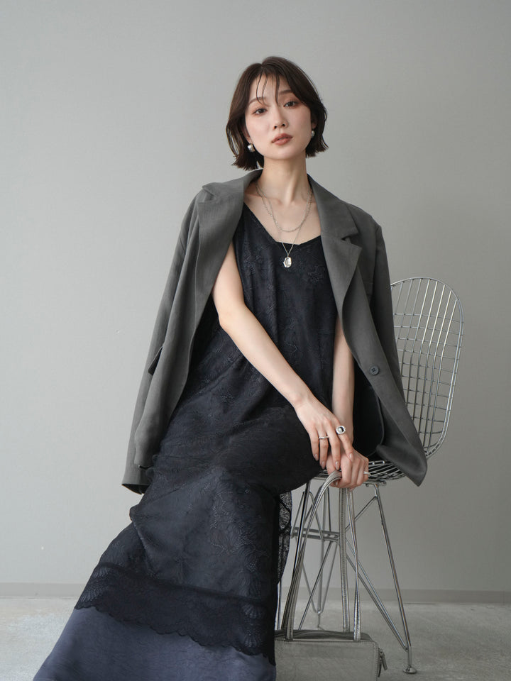 [SET]サテンレースレイヤードキャミワンピース+リネンタッチオーバージャケット(2set)