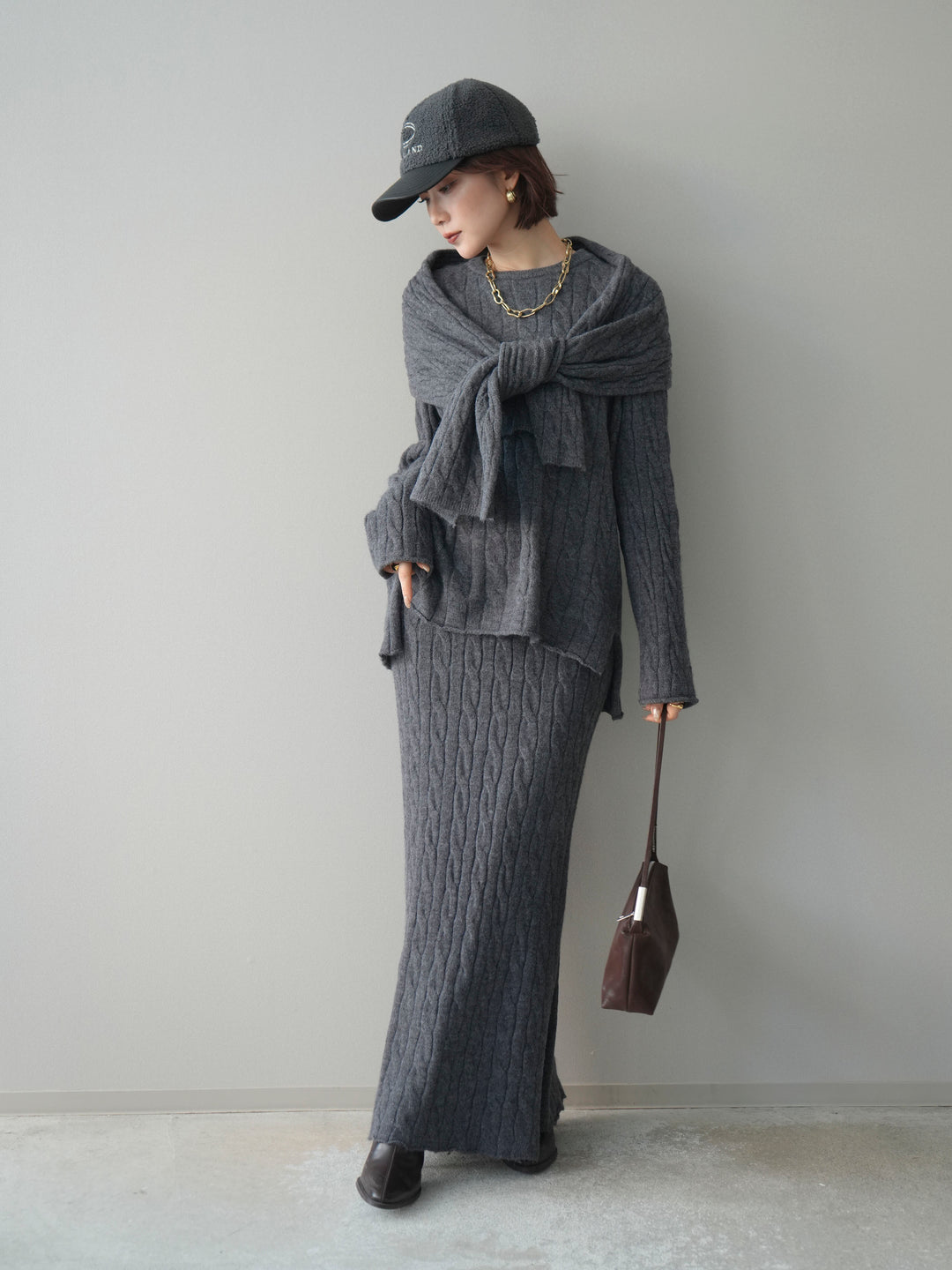 [SET]ストール付ケーブルニットプルオーバー&ロングスカートSET UP(2set)