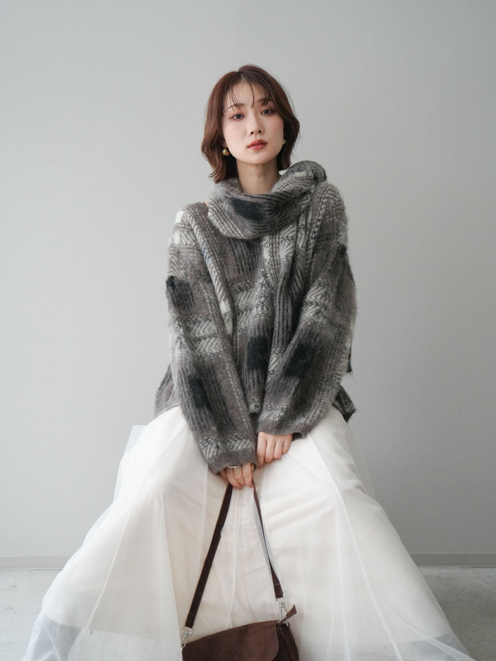 [SET]ストール付シャギーチェックニットプルオーバー+ストール付シャギーチェックニットプルオーバー(2set)