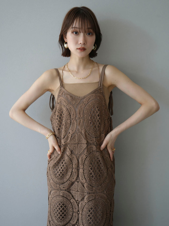Lace long camisole dress/brown