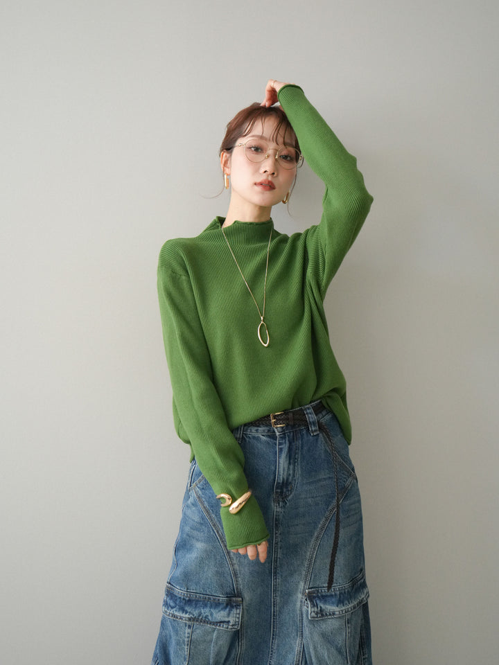 [予約]ボトルネック裾カールリブニットトップス/green