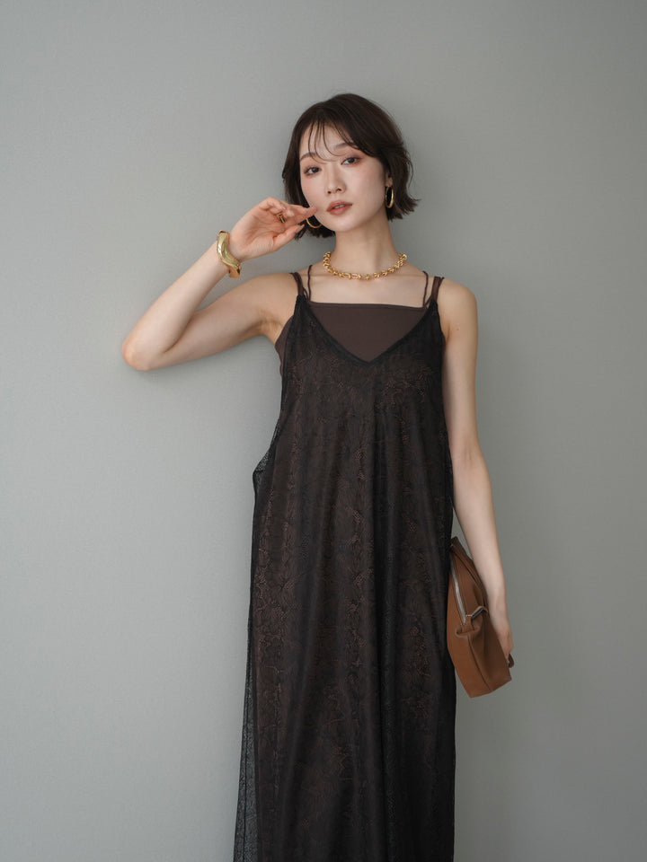 [予約]サテンレースレイヤードキャミワンピース/brown