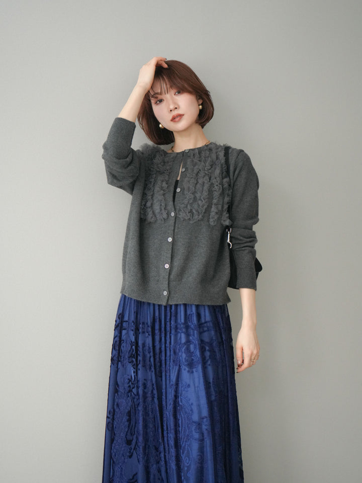 [SET]チュールフリルニットカーディガン+アンティーク柄フロッキーマキシスカート(2set)
