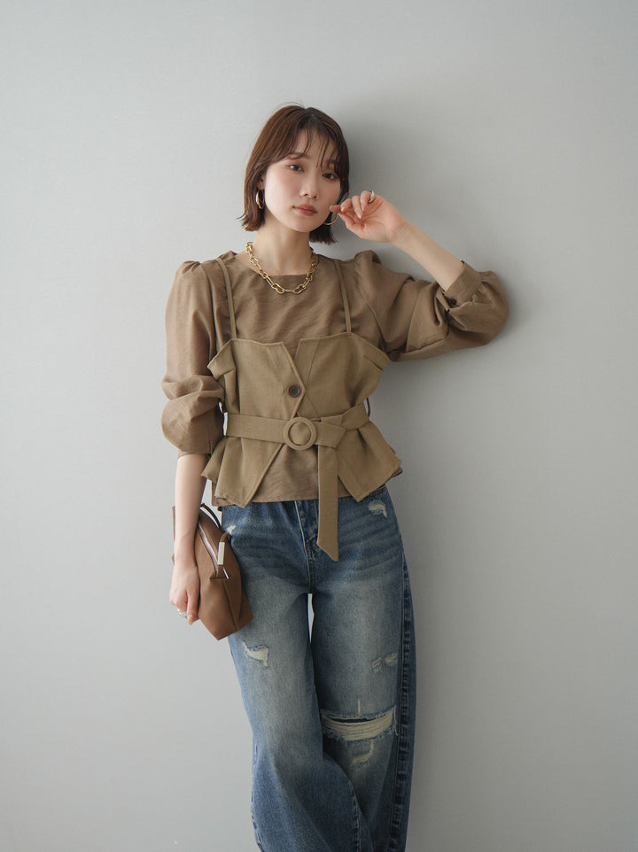 [SET]異素材ビスチェドッキングブラウス+ダメージデニムセミワイドパンツ(2set)