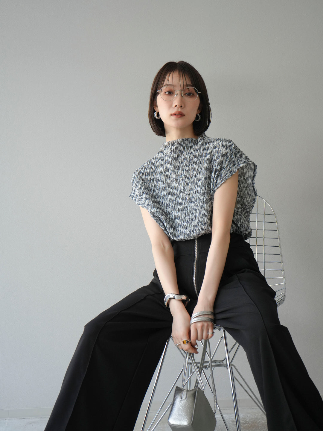 [SET] 多色隨機百褶法式上衣+拉鍊褶襉寬褲（2件套）