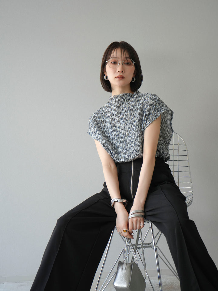 [SET] 多色隨機百褶法式上衣+拉鍊褶襉寬褲（2件套）