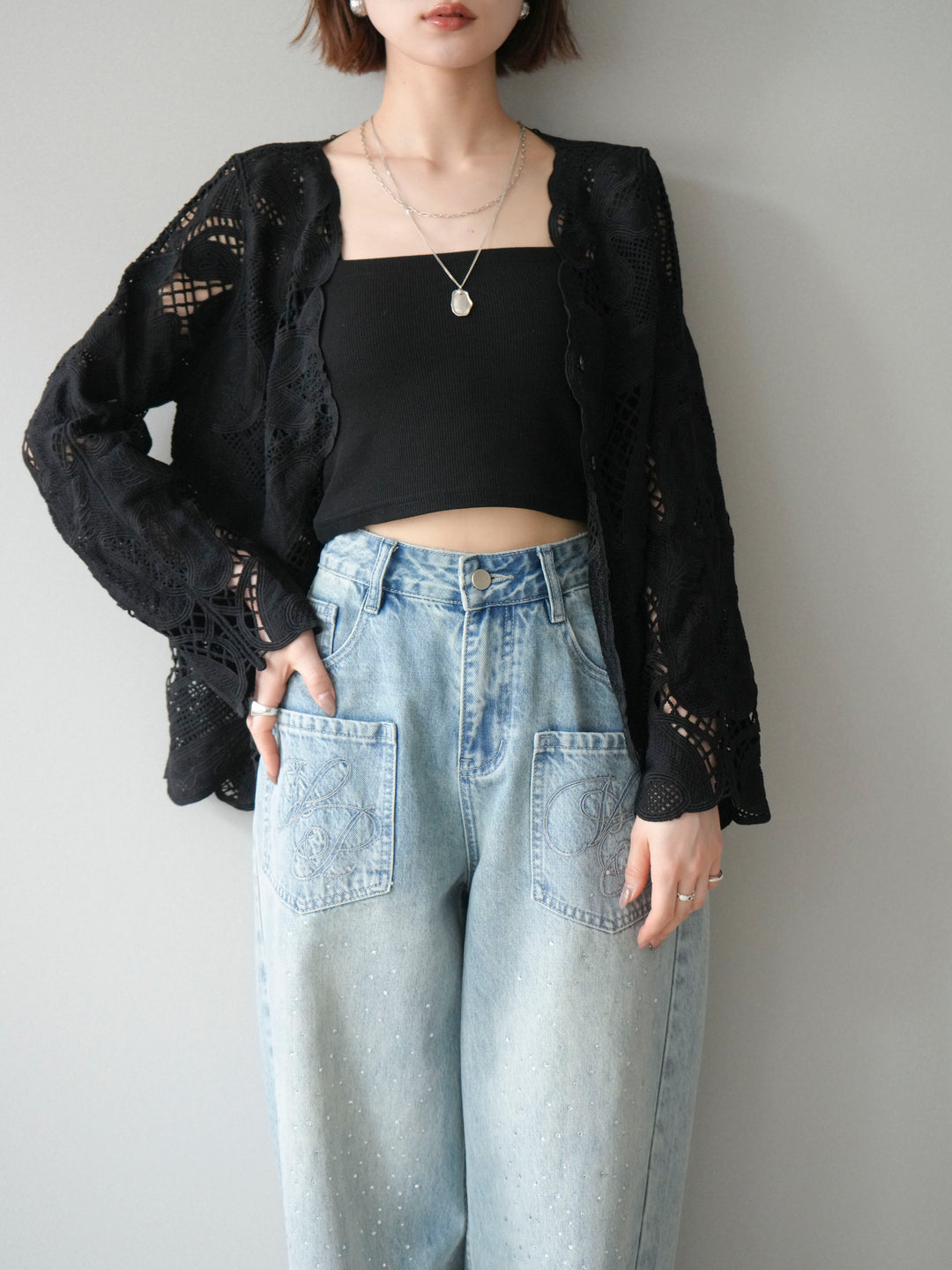 【套裝】3D蕾絲荷葉邊上衣+前口袋串珠闊腿牛仔褲（兩件套）