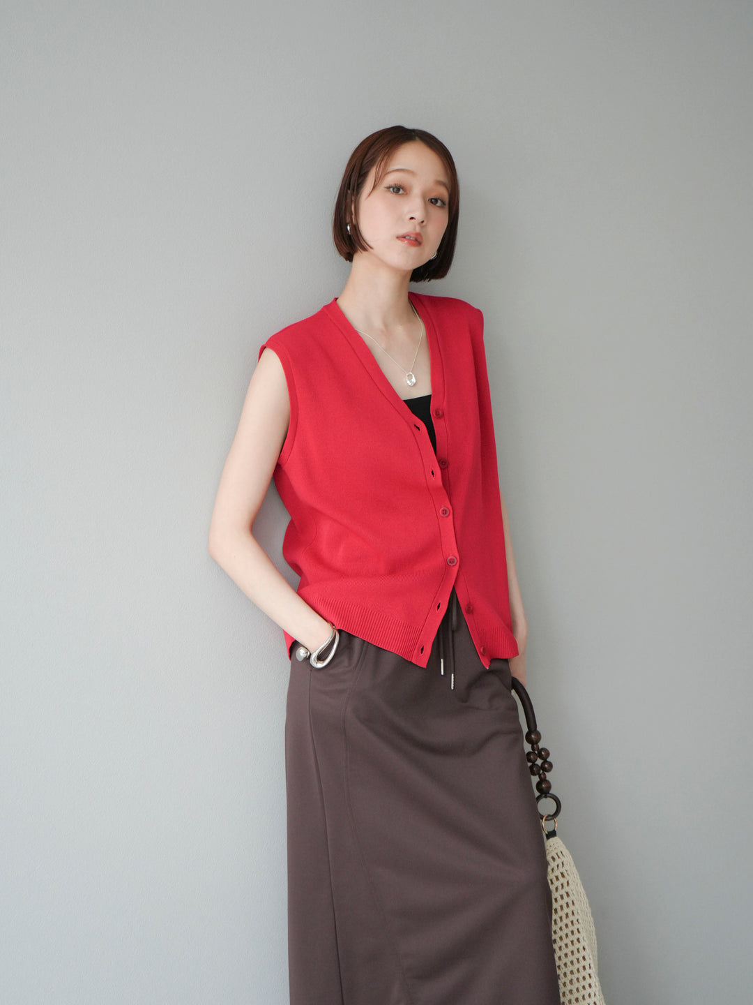 [SET]Vネックレーヨンニットベスト+スウェットロングスカート(2set)