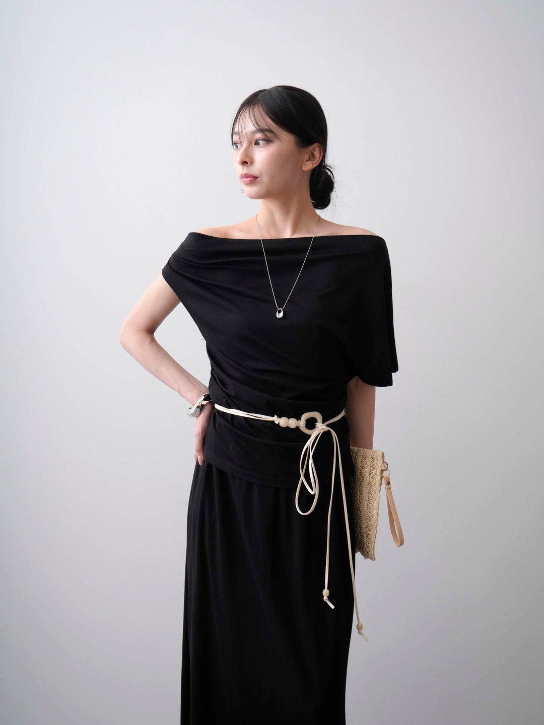 [SET]ベルト付アシメドレープカットソー＆スリットIラインスカートSET UP(2SET)