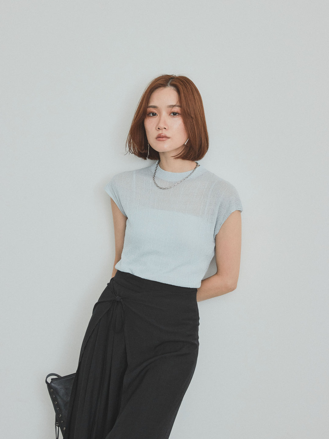 [予約]フレンチスリーブシアーニットトップス/ライトブルー