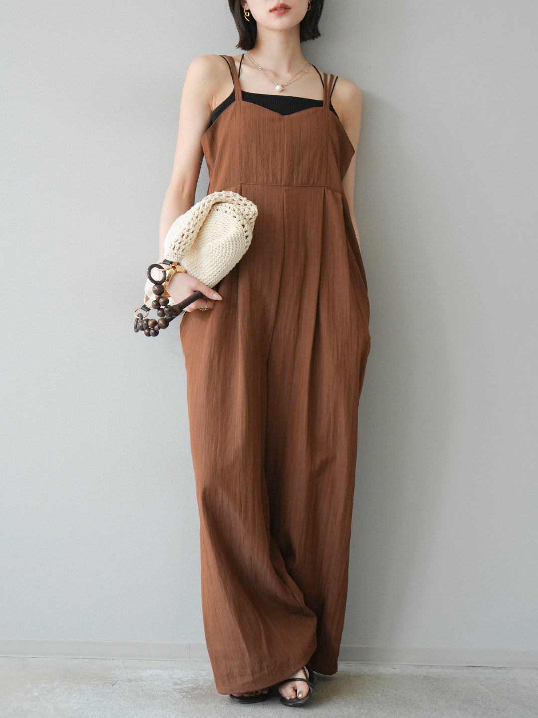 [SET]リネンライクビスチェデザインサロペット+ダブルストラップカットリブブラキャミソール(2set)