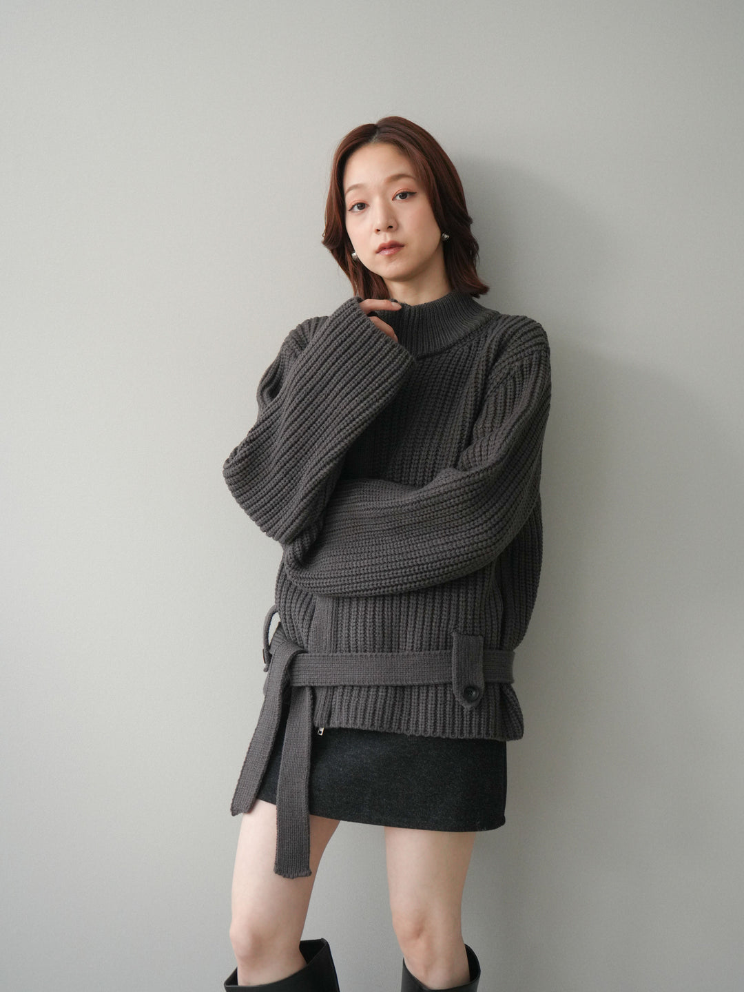 [SET]畦編みボトルネックZIPニットカーディガン+ウールタッチベルト付ミニスカート(2set)