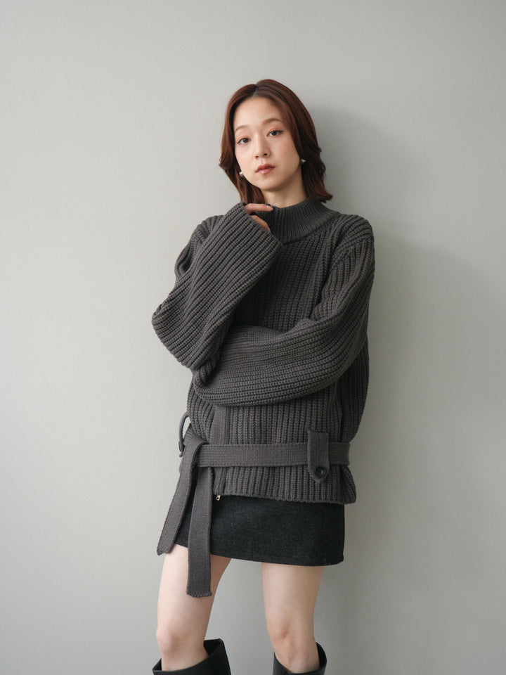 [SET]畦編みボトルネックZIPニットカーディガン+ウールタッチベルト付ミニスカート(2set)