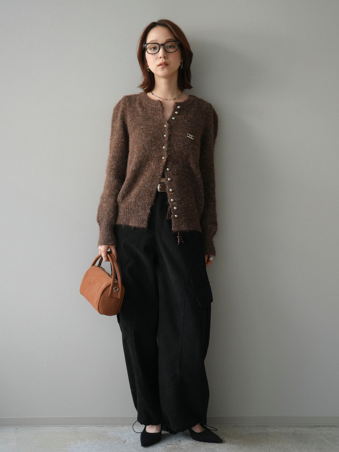 [予約]ブローチ付silverボタンミックスニットカーディガン/brown