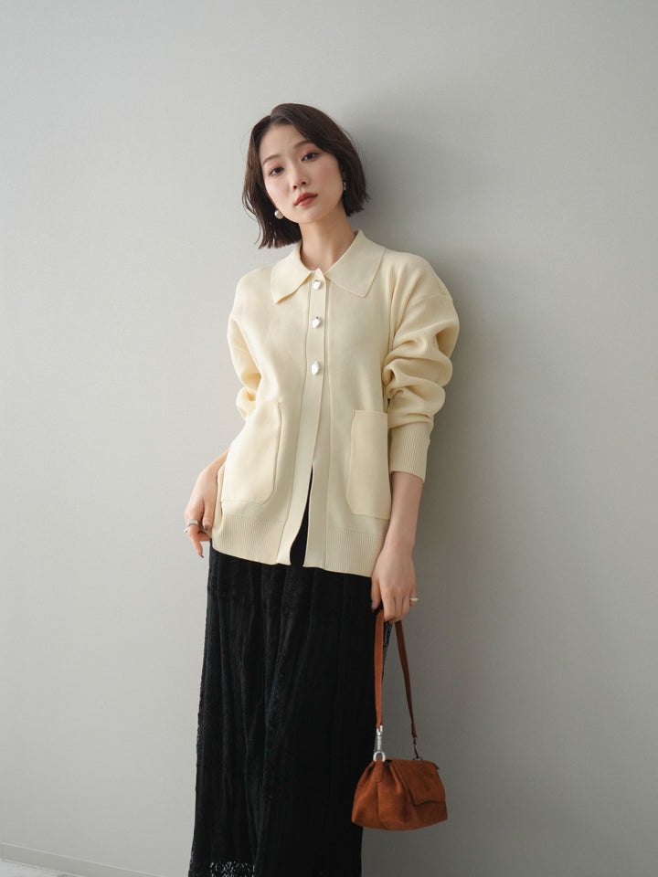[予約]メタルボタン襟付きポリエステルニットカーディガン/ivory
