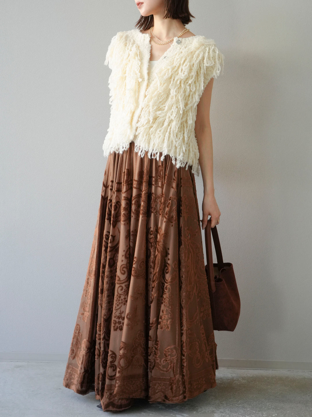 [予約]アンティーク柄フロッキーマキシスカート/ブラウン