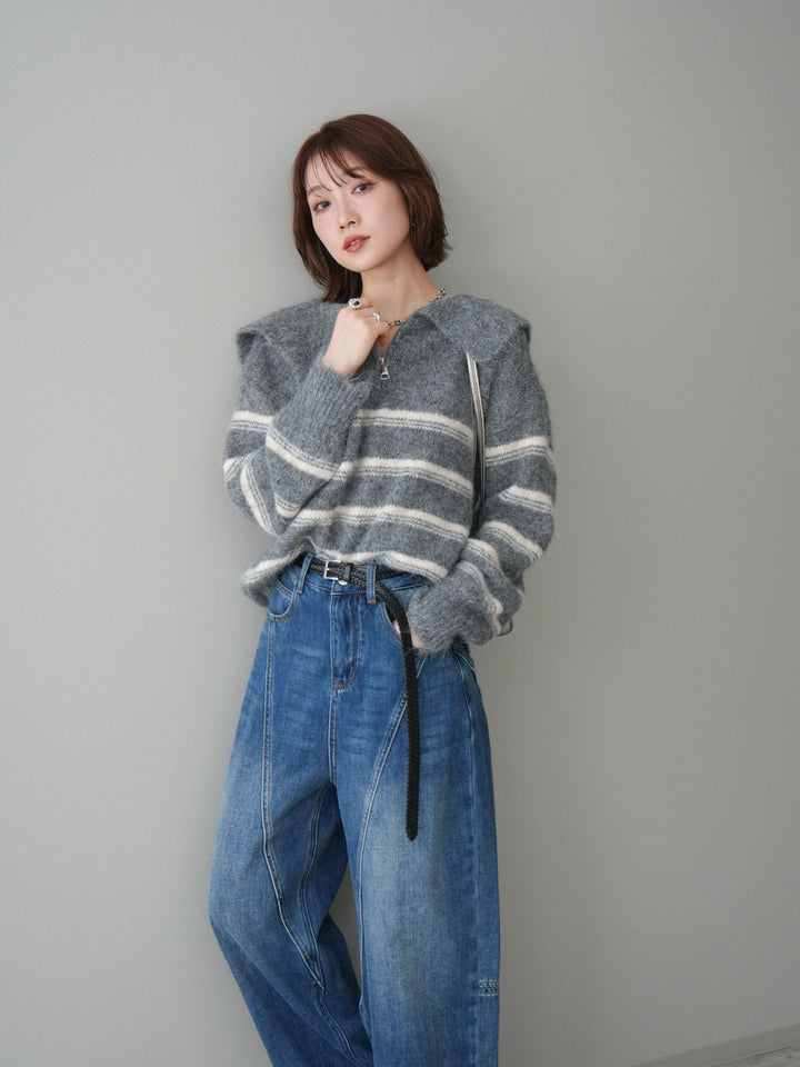 [SET]ハーフジップボーダーニットプルオーバー+裏起毛加工デニムカーブパンツ(2set)