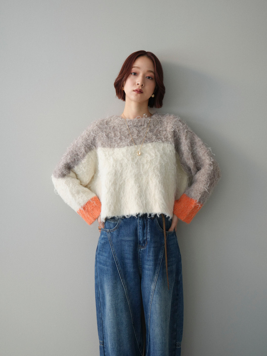 [SET]バイカラーモヘアタッチニットプルオーバー+裏起毛加工デニムカーブパンツ(2set)