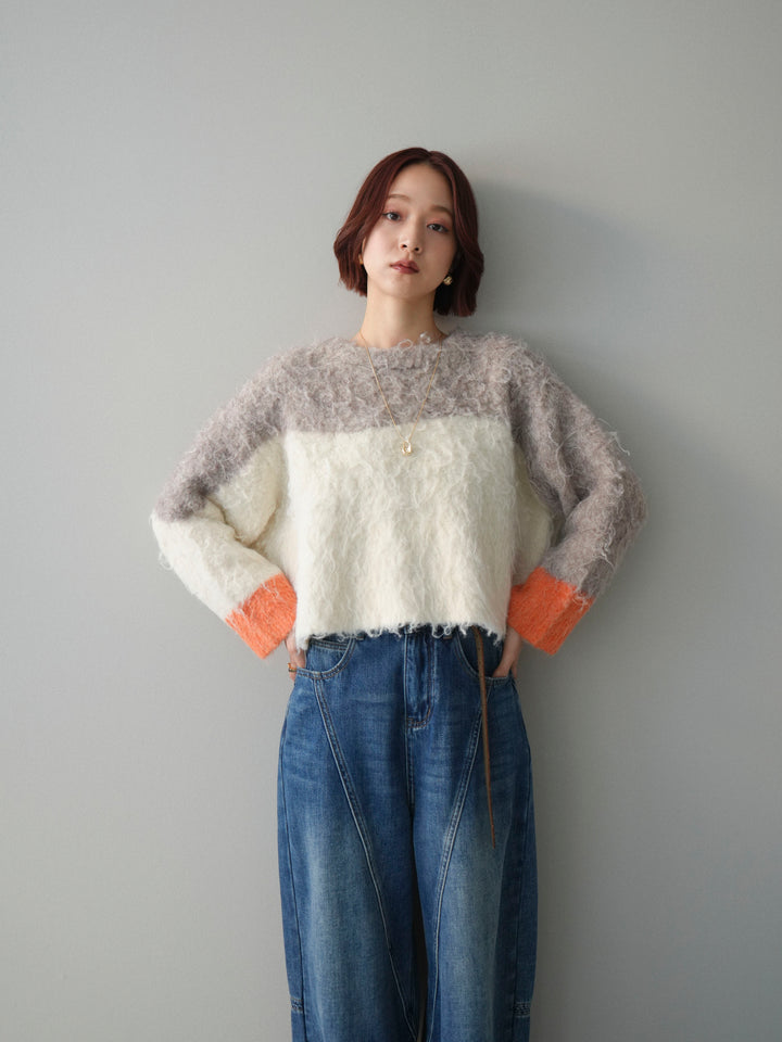 [SET]バイカラーモヘアタッチニットプルオーバー+裏起毛加工デニムカーブパンツ(2set)