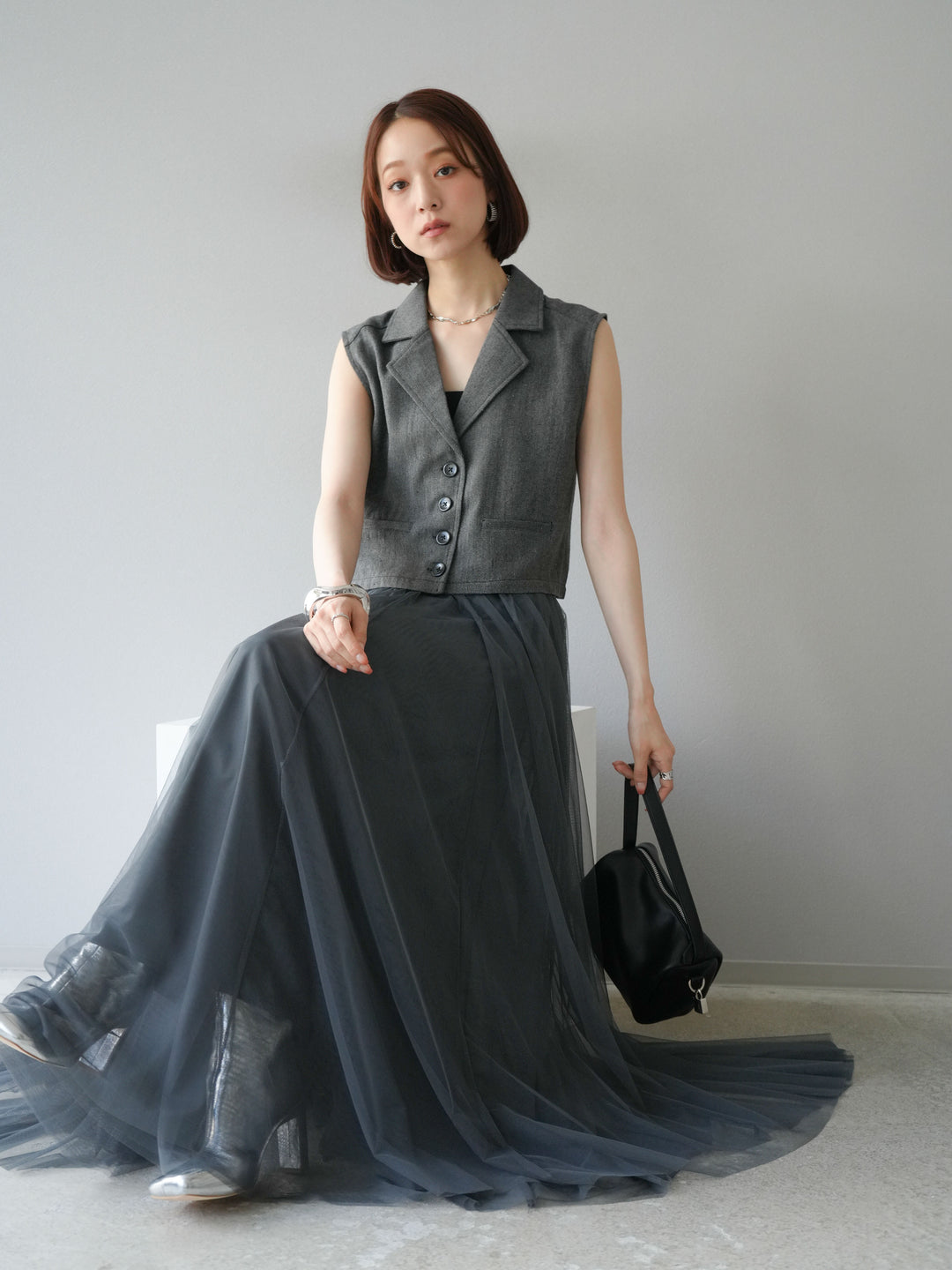 [予約]ツイードタッチテーラードジレ/ダークグレー