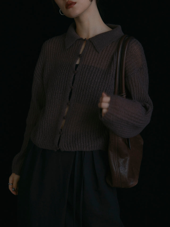 [予約]起毛片畦編みシアーポロニット/ブラウン