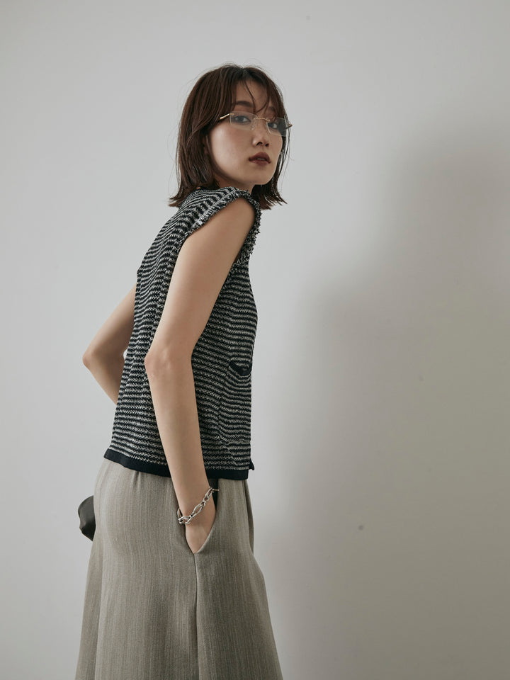 [予約]ボーダー袖フリンジニットベスト/ブラック