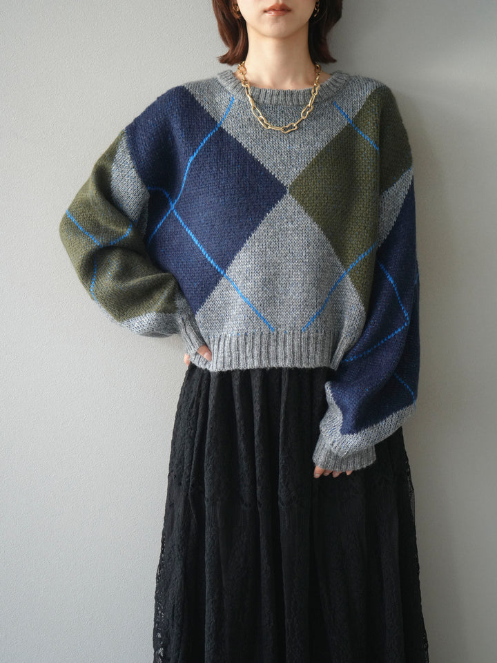 [SET]配色ステッチアーガイル柄ニットプルオーバー+ヴィンテージライクメッシュレーススカート(2set)