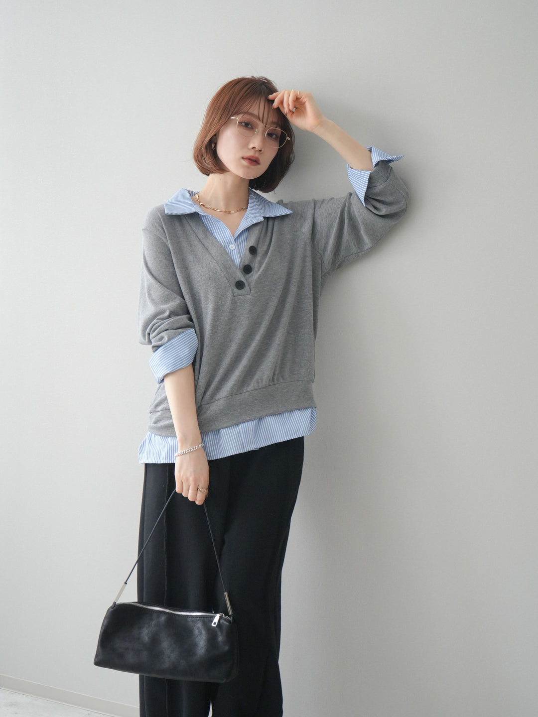 [予約]シャツレイヤードデザインカットプルオーバー/lightgray