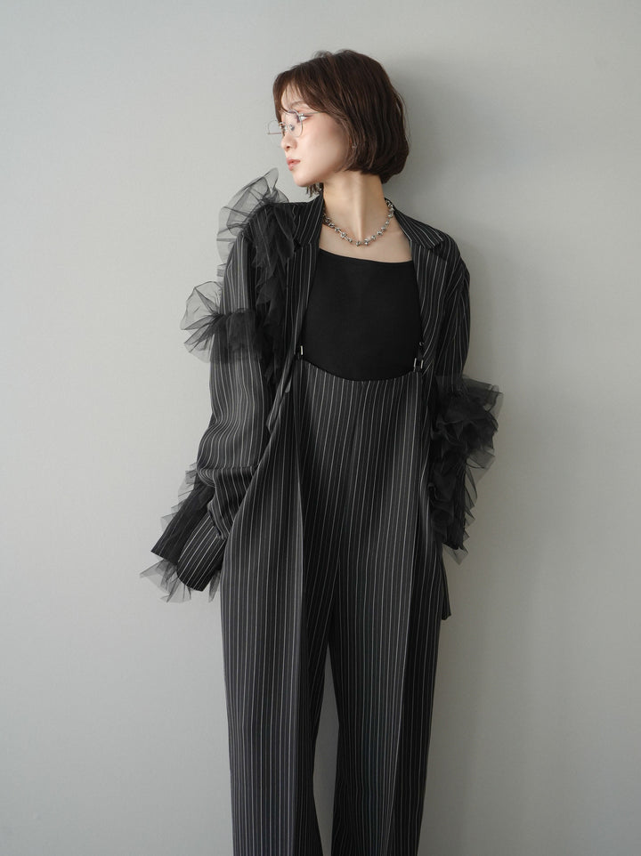 [予約]アシンメトリーチュールストライプジャケット/black