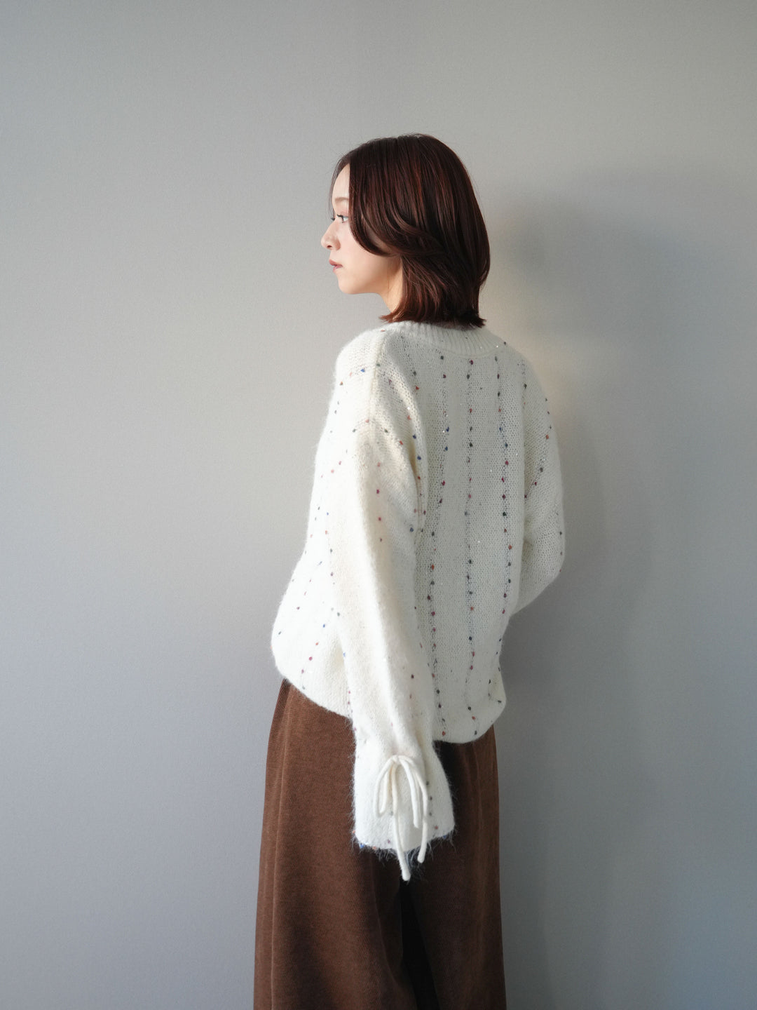 [SET]キャンディースリーブカラーネップスパンコールニットプルオーバー+ベルトデザインループコールテンワイドパンツ(ベルト付き)(2set)