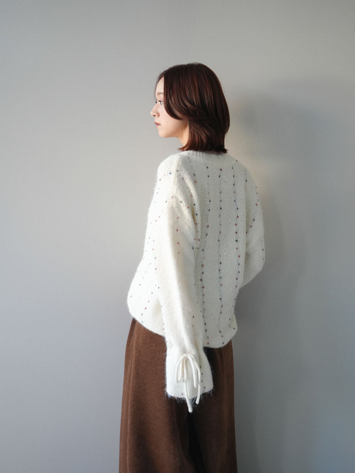 [SET]キャンディースリーブカラーネップスパンコールニットプルオーバー+ベルトデザインループコールテンワイドパンツ(ベルト付き)(2set)