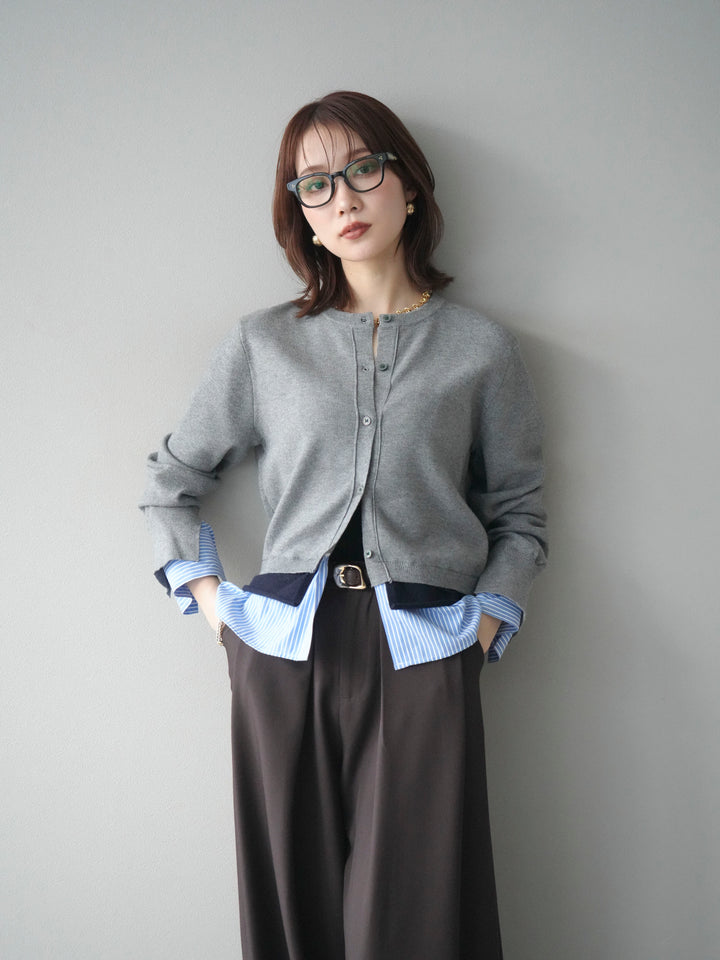 [SET]シャツ襟レイヤードニットカーディガン+ベルトループデザインワイドパンツ(2set)
