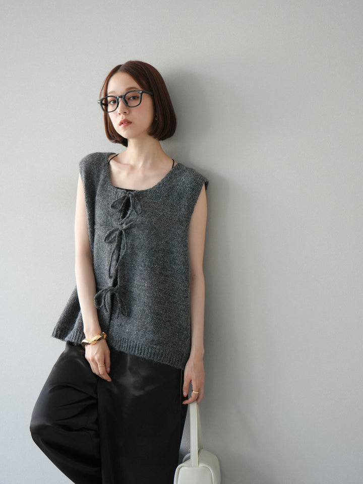 [予約]フロントスリットリボンニットベスト/グレー