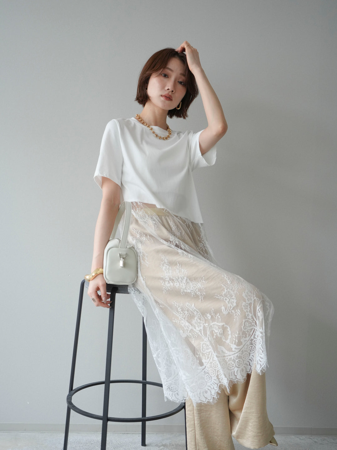 [SET]レースドッキングレイヤードワンピースTEE+とろみサテンイージーパンツ(2set)