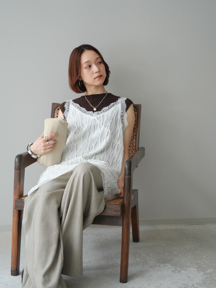 【預購】蕾絲邊提花針織長款吊帶背心 / 象牙色