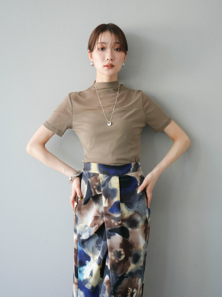[SET] 透視半袖上衣 + 水彩印花褶襉I字裙 (2set)