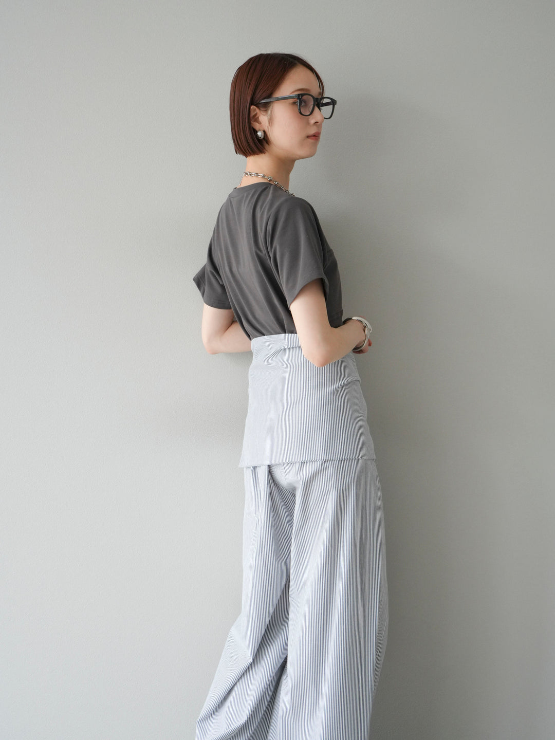 [SET]ビスチェデザインTシャツ+ウエスト巻きストライプイージーパンツ(2set)