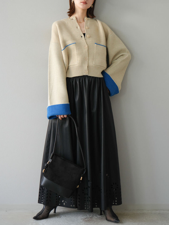 [予約]フラワーパンチングレザースカート/ブラック