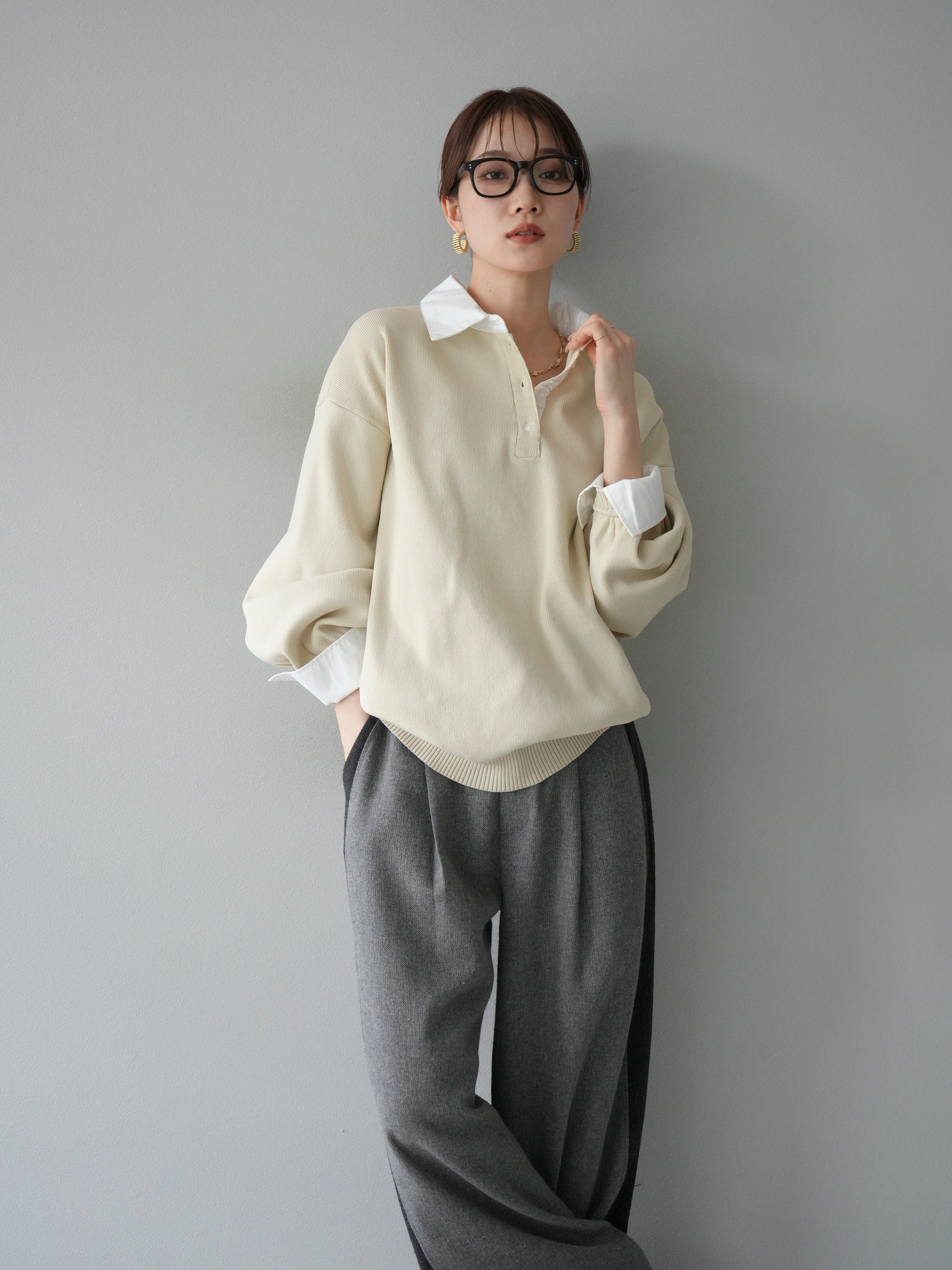 予約]襟付きポロニットプルオーバー/アイボリー – Lumier