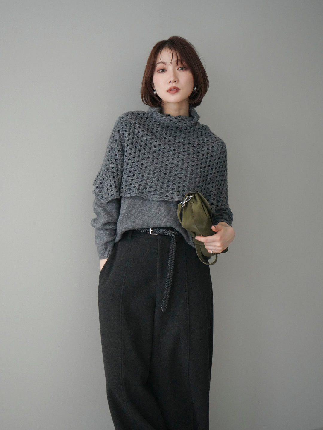 [予約]メッシュケープアンサンブルニットプルオーバー/darkgray