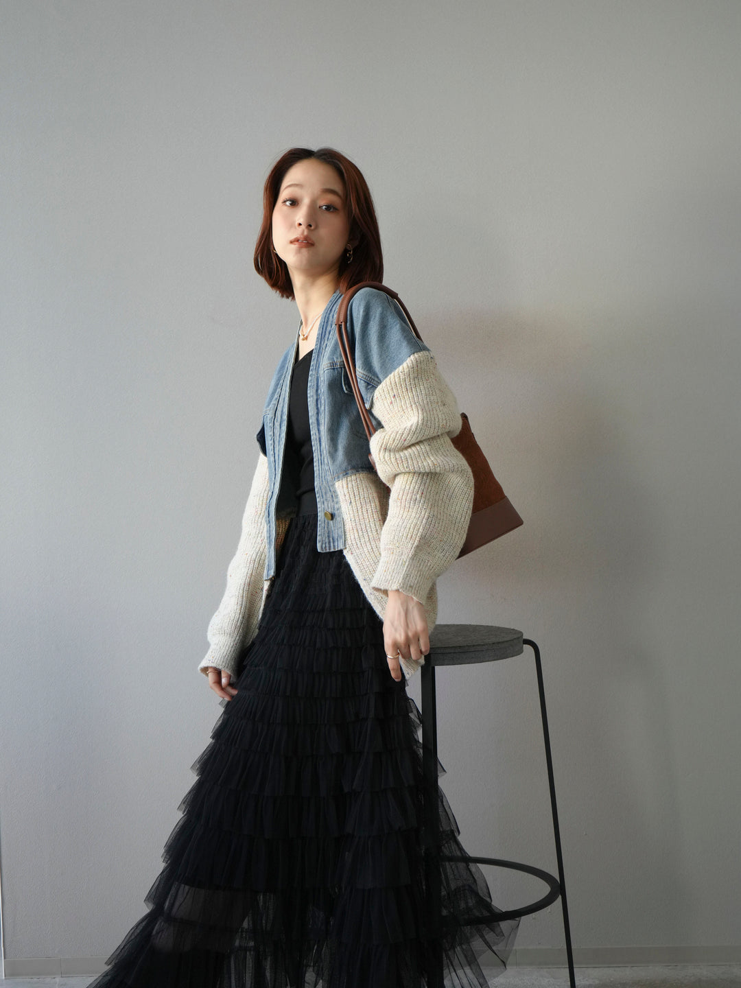 [予約]デニム切替ネップニットカーディガン/アイボリー