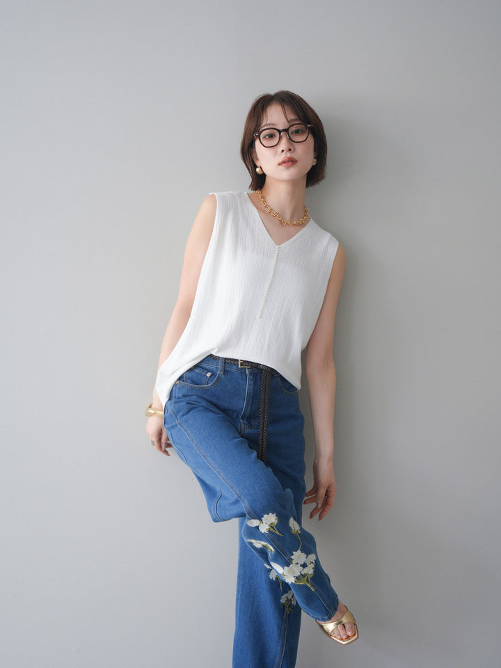 [SET]パールデザインVネックニットトップス+フラワー刺繍ストレートデニム(2set)