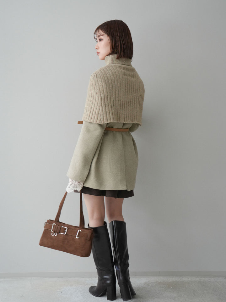 [SET]ケープ付ノーカラージャケット+ベルト付きタックミニスカート(2set)