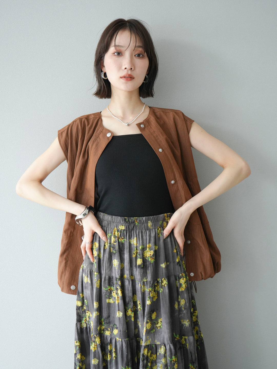 [SET]リネンライクドロストバルーンブルゾン+フラワーワッシャープリーツスカート(2set)