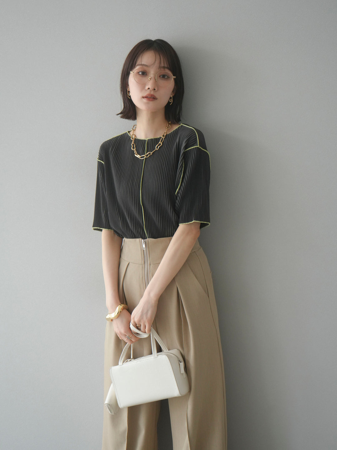 【SET】配色褶皺半袖上衣 + 配色褶皺半袖上衣 (2 件套)