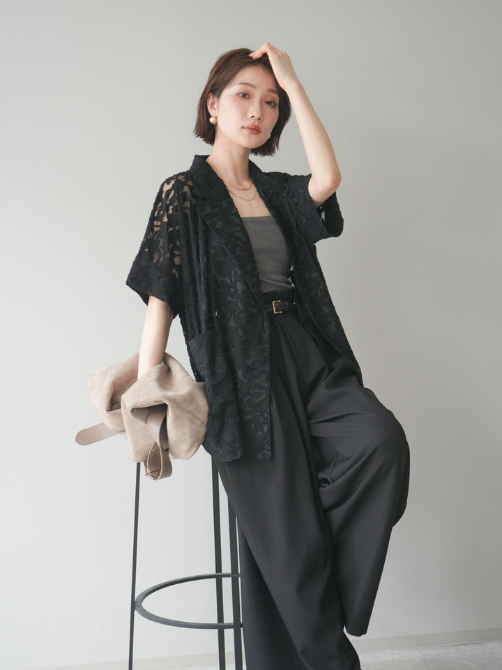 【套裝】花朵蕾絲短袖外套+垂褶收腰帶環長褲（兩件套）