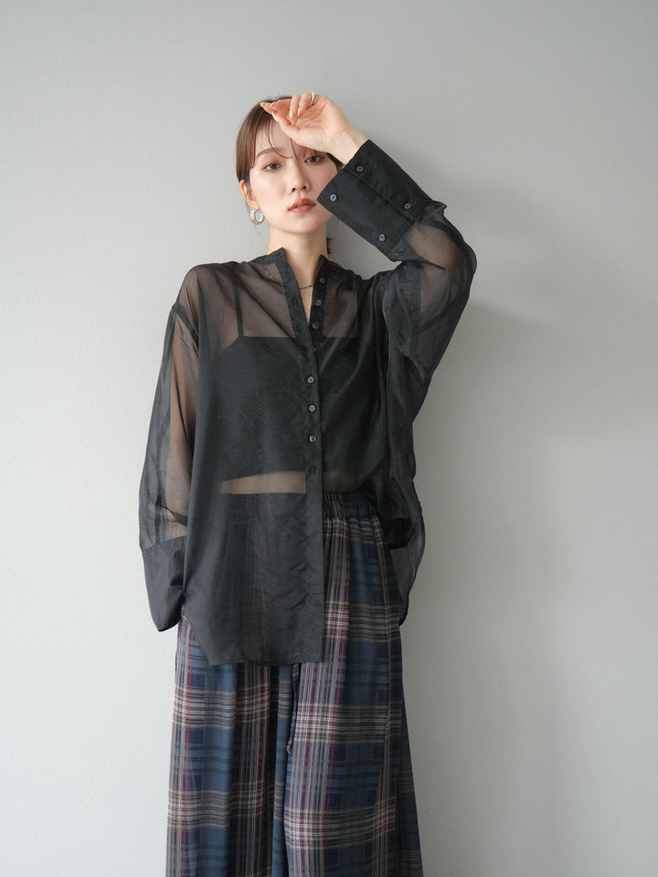 [SET] 亮面透視立領襯衫 + 透視格紋寬鬆褲 (2 件套)